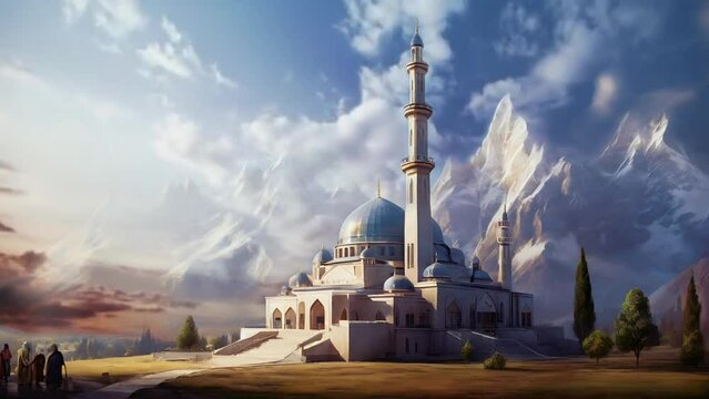 mosque with mountain background, moving clouds