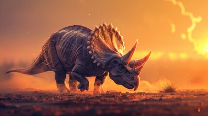 AI-generated majestic dinosaurs in a prehistoric landscape. Triceratops. The concept of time when dinosaurs ruled the Earth. - 767158915