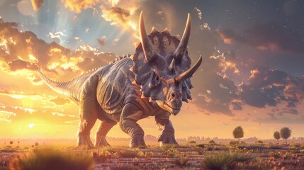 AI-generated majestic dinosaurs in a prehistoric landscape. Triceratops. The concept of time when dinosaurs ruled the Earth. - 767158926