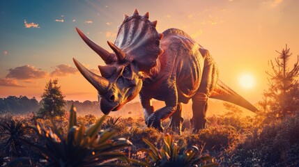AI-generated majestic dinosaurs in a prehistoric landscape. Triceratops. The concept of time when dinosaurs ruled the Earth. - 767158931
