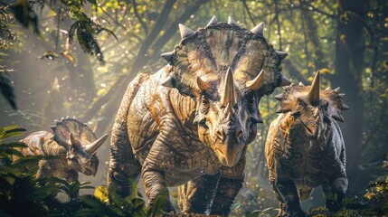 AI-generated majestic dinosaurs in a prehistoric landscape. Triceratops. The concept of time when dinosaurs ruled the Earth. - 767158939