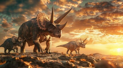AI-generated majestic dinosaurs in a prehistoric landscape. Triceratops. The concept of time when dinosaurs ruled the Earth. - 767158953