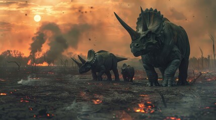 AI-generated majestic dinosaurs in a prehistoric landscape. Triceratops. The concept of time when dinosaurs ruled the Earth. - 767158957