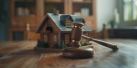 Real estate auction concept with gavel house model and legal AI symbolizing property law and investment. Concept Real Estate Auctions, Gavel House Model, Legal AI, Property Law, Investment - obrazy, fototapety, plakaty
