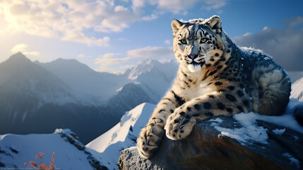 A serene scene of a wise-looking snow leopard perched on a rocky ledge in the Himalayan mountains.