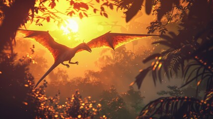 AI-generated majestic dinosaurs in a prehistoric landscape. Pterodactyl. Vivid colors and details bring these ancient creatures to life. - 767158979
