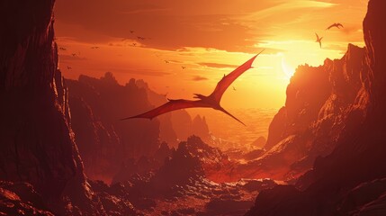 AI-generated majestic dinosaurs in a prehistoric landscape. Pterodactyl. Vivid colors and details bring these ancient creatures to life. - 767158986