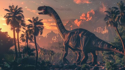 AI-generated majestic dinosaurs in a prehistoric landscape. Brontosaurus or diplodocus. Vivid colors and details bring these ancient creatures to life. - 767158990