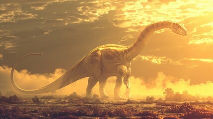 AI-generated majestic dinosaurs in a prehistoric landscape. Brontosaurus or diplodocus. Vivid colors and details bring these ancient creatures to life. - obrazy, fototapety, plakaty