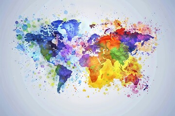 Watercolor world map with colorful splatters, global diversity and unity concept, artistic background