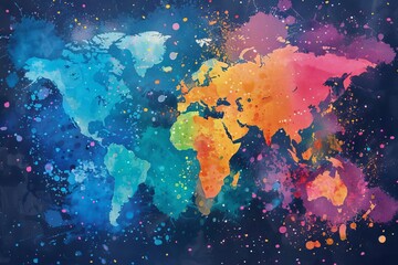 Watercolor world map with colorful splatters, global diversity and unity concept, artistic background