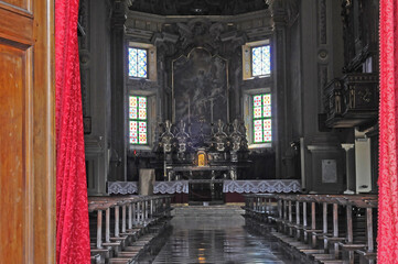 Interior of the Saint Vincent church in Gravedona as seen from the main entrance. North Lake Como, Italy