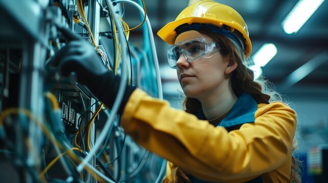 /imagine prompt: Electrician, A skilled woman electrician working on electrical wiring, Industrial workshop background 