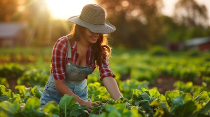 /imagine prompt: Farmer, A hardworking woman tending to crops on the farm, Rural farm landscape background, woman, diversity  - obrazy, fototapety, plakaty