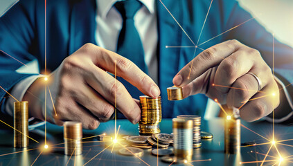 Strategic financial management. Businessman in suit collecting coins on top of table, symbolizing success in investing, wealth growth, and business profitability - obrazy, fototapety, plakaty