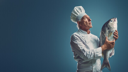A professional chef in white uniform holds a fresh, large fish, showcasing his catch with a sense of achievement and pride against a cool toned backdrop - obrazy, fototapety, plakaty