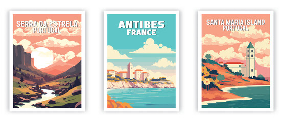 Serra da Estrela, Antibes, Santa Maria Island Illustration Art. Travel Poster Wall Art. Minimalist Vector art