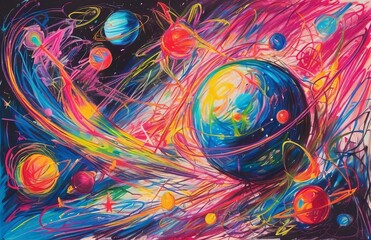Colorful chaotic cosmic composition in crayon drawing style - Powered by Adobe