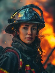 /imagine prompt: Firefighter, A determined woman in firefighting gear, Fire station background, woman, diversity 