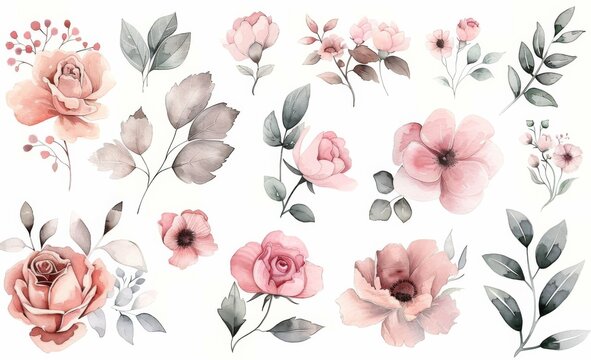 Set or Collection of watercolor soft pastel pink floral clipart, isolated on white background, vintage leaves and flowers, digital art, simple vector, leaves and vines, cute and dreamy.