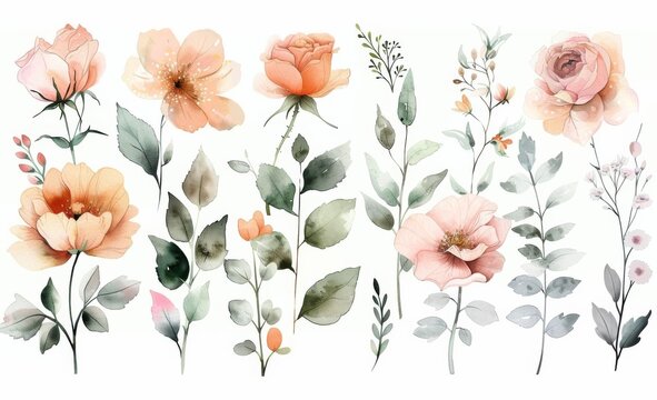 Set or Collection of watercolor soft pastel pink floral clipart, isolated on white background, vintage leaves and flowers, digital art, simple vector, leaves and vines, cute and dreamy.