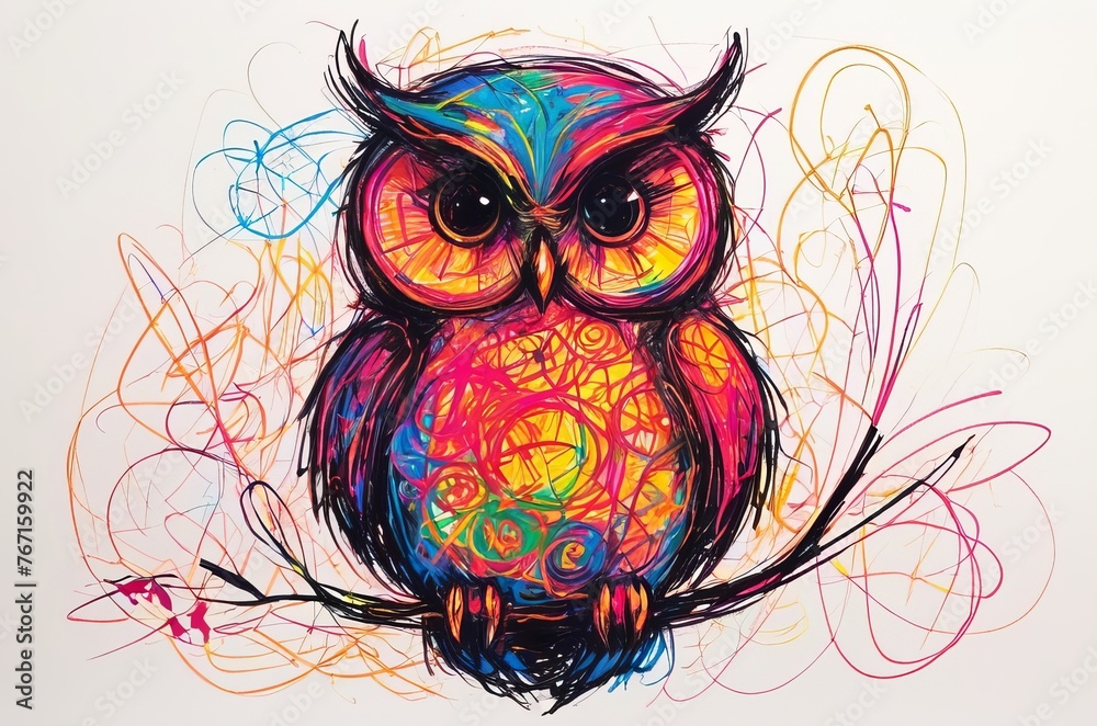 Wall mural Owl in chaotic crayon drawing style