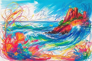 Fototapeta na wymiar Sea in chaotic crayon drawing style
