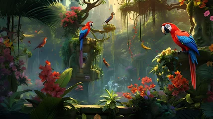  A vibrant scene of tropical birds, including parrots and toucans, in a lush jungle canopy. © Ansar