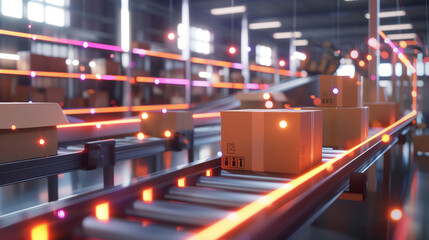 "Smart Warehouse Automation"
Advanced logistics center with illuminated augmented reality interface for efficient package sorting and distribution.