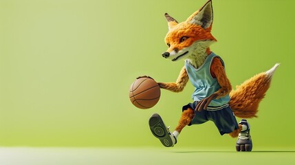 Energetic Anthropomorphic Fox Basketball Player Dribbling and Moving Dynamically on Court