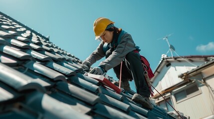 /imagine prompt: Roofer, A skilled woman roofer repairing a roof, Residential house rooftop background