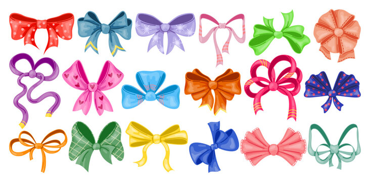 Cartoon gift bows. Decorative ribbons. Holiday box tying. Cute bowknots. Birthday party presents packaging. Holiday celebration. Satin accessories. Curling silk bands. Recent vector set