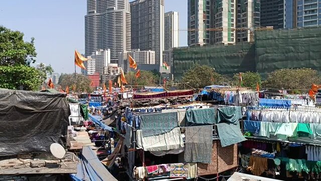 slums with laundry in Mumbai. Dhobi Ghat in Mumbai 2024 