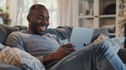 Stylish, modern man smiling at camera and using a tablet in his hands.