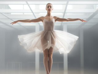 Ballerina. Young graceful ballet dancer is rehearsing a performance in a white transparent studio. Woman is practicing ballet, in ballet class. Copy space