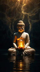 buddha statue in  pond , lotus pose , golden light , candle , smoke , meditation , spiritual , zen , india
