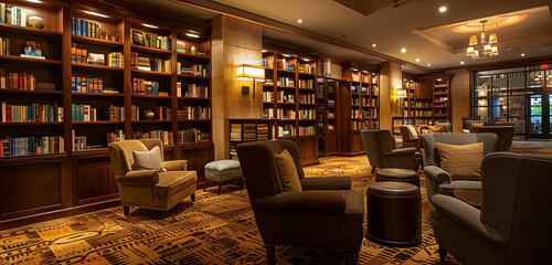 A boutique hotel lobby with cozy armchairs, bookshelves filled with literature, and soft lighting,...