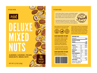 Vector deluxe mixed nut packaging design template. Almond, hazelnut, pecan, cashew, brazil nut illustration