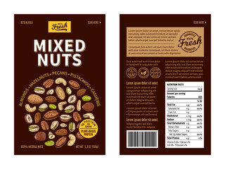 Vector mixed nut packaging design template. Almond, hazelnut, pecan, cashew, pistachio illustration
