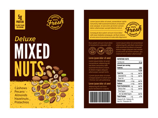 Vector deluxe mixed nut packaging design template. Almond, hazelnut, pecan, cashew, pistachio illustration