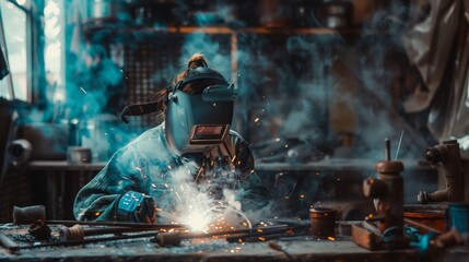 /imagine prompt: Welder, A determined woman welding metal, Industrial workshop background, woman, diversity 