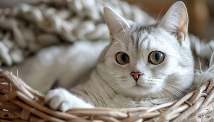 cat asks to eat from an empty bowl against the background of a white kitchen