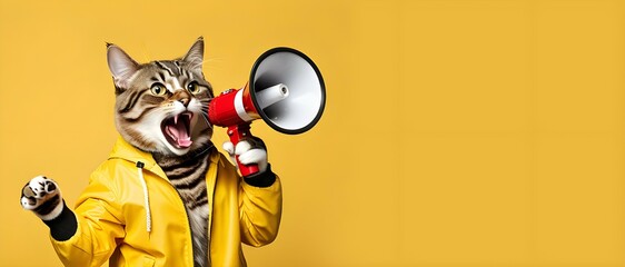 A cat wearing yellow jacket and holding a megaphone and shouting on yellow background - obrazy, fototapety, plakaty