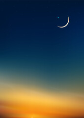 Sky Night,Ramadan Kareem Background with Crescent moon,Star with twilight dusk Sky,Vector Greeting festive for symbolic of Muslim culture ,Eid Mubarak,Eid al adha,Eid al fitr,Islamic new