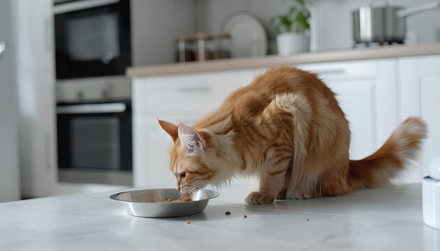 cat asks to eat from an empty bowl against the background of a white kitchen