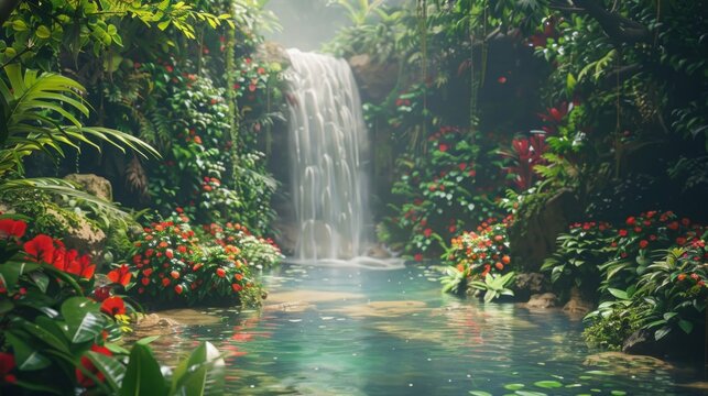 Waterfall in Jungle Painting, outdoors