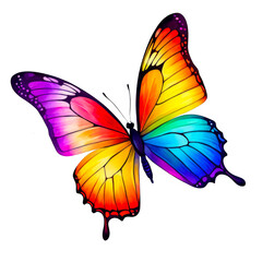 Colorful butterfly fluttering, rainbow colored, watercolor illustration, clipart, for decoration of wedding, greeting, invitation cards, cutout on white background, vector, insect