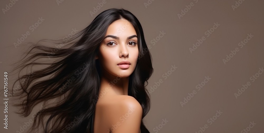 Wall mural model girl with shiny brown smooth healthy hair and glowing, skin natural beauty smooth skin for car