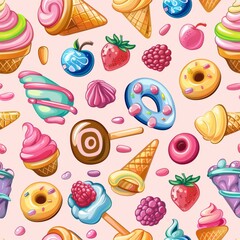 summer pattern background with desserts and fruits sweets