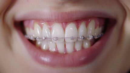 Teenager's bright smile with vibrant braces on pristine teeth, showcasing pediatric dentistry.